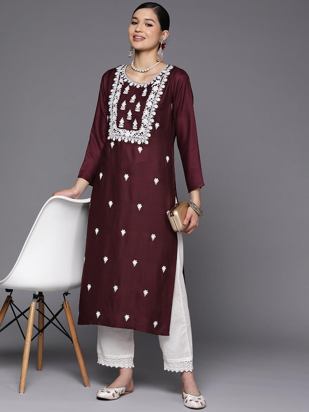 Burgundy Yoke Design Wool Straight Kurta - Libas 