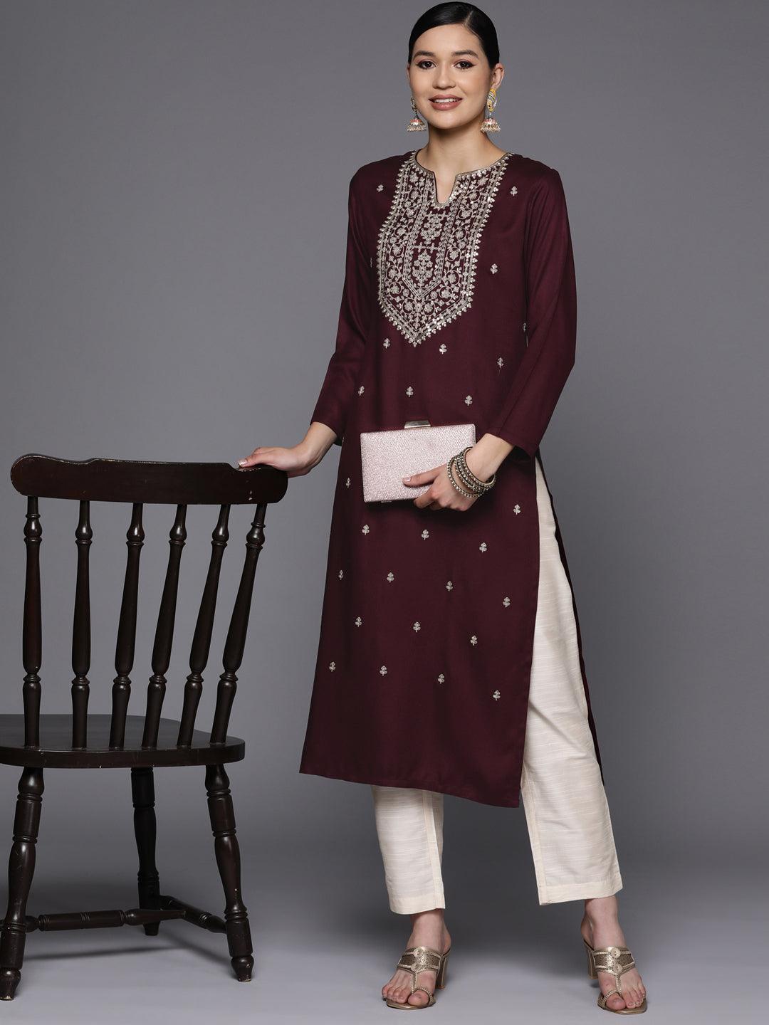 Burgundy Yoke Design Wool Straight Kurta - Libas 