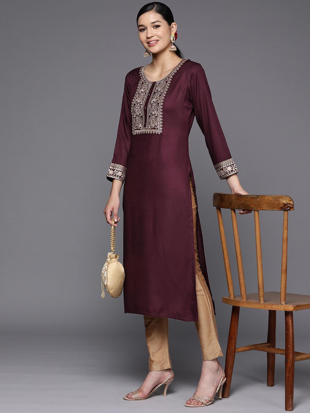 Burgundy Yoke Design Wool Straight Kurta - Libas 