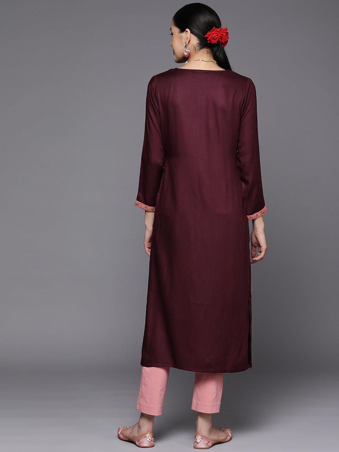 Burgundy Yoke Design Wool Straight Kurta - Libas 
