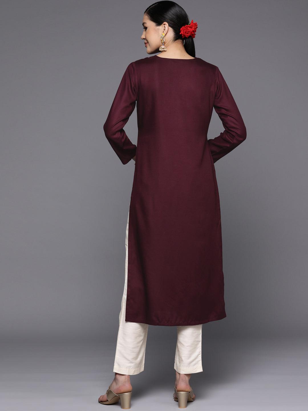 Burgundy Yoke Design Wool Straight Kurta - Libas 