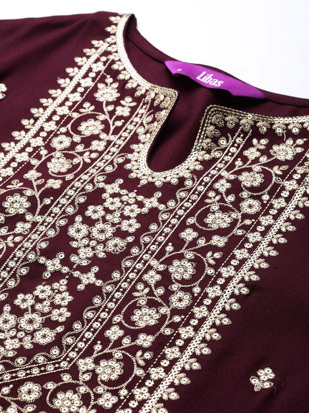 Burgundy Yoke Design Wool Straight Kurta - Libas 