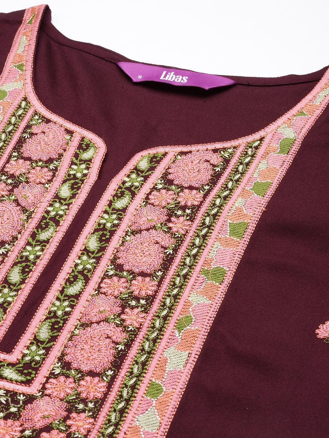 Burgundy Yoke Design Wool Straight Kurta - Libas 