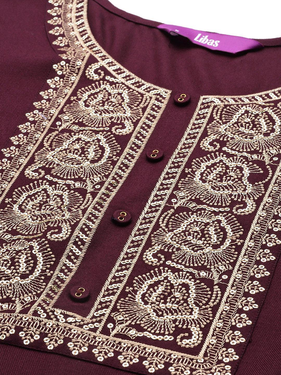 Burgundy Yoke Design Wool Straight Kurta - Libas 
