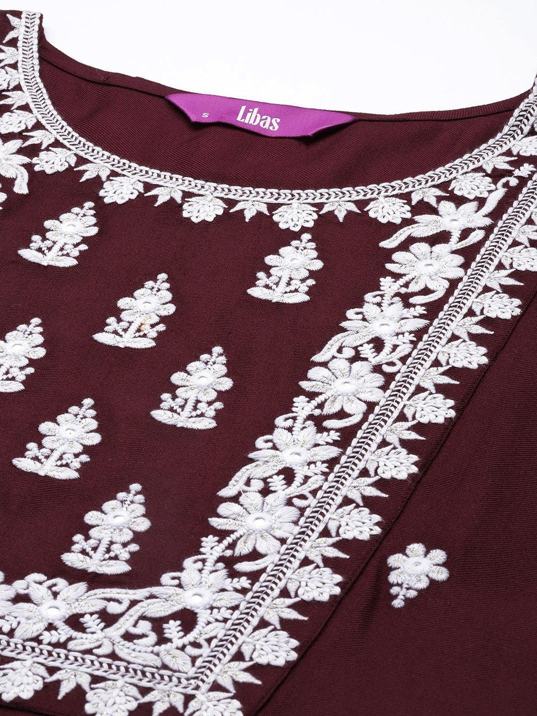 Burgundy Yoke Design Wool Straight Kurta - Libas 