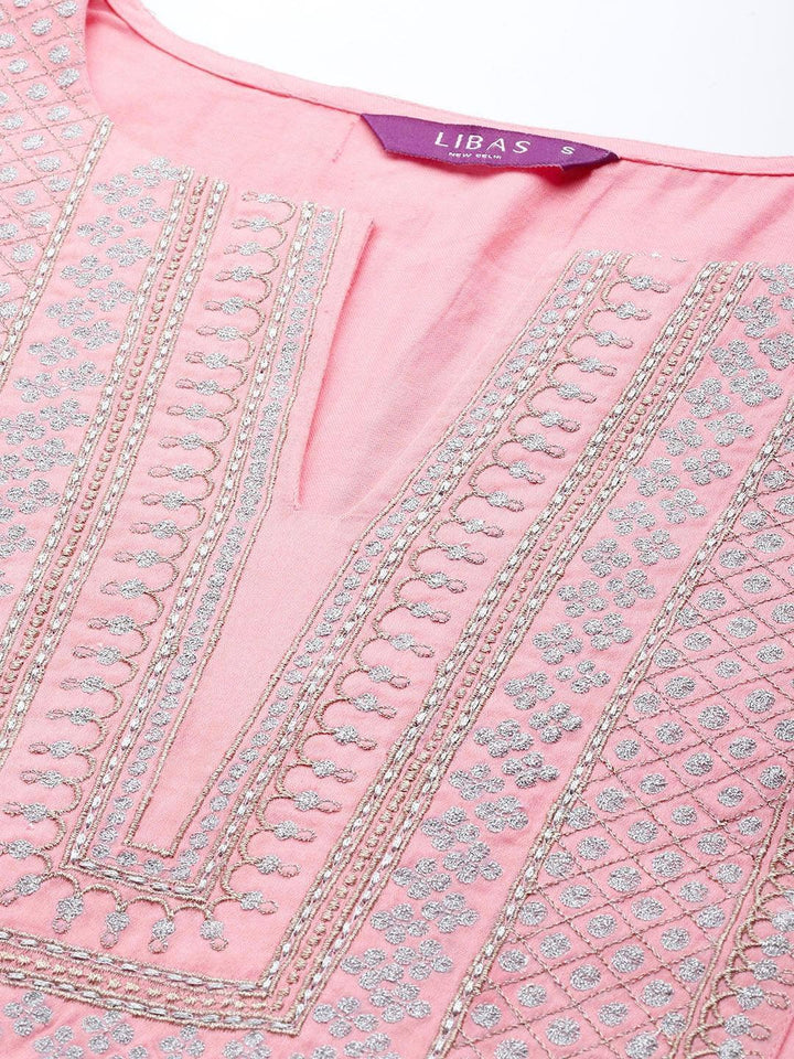 Pink Embroidered Silk Blend Suit Set - ShopLibas