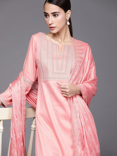 Pink Embroidered Silk Blend Suit Set - ShopLibas
