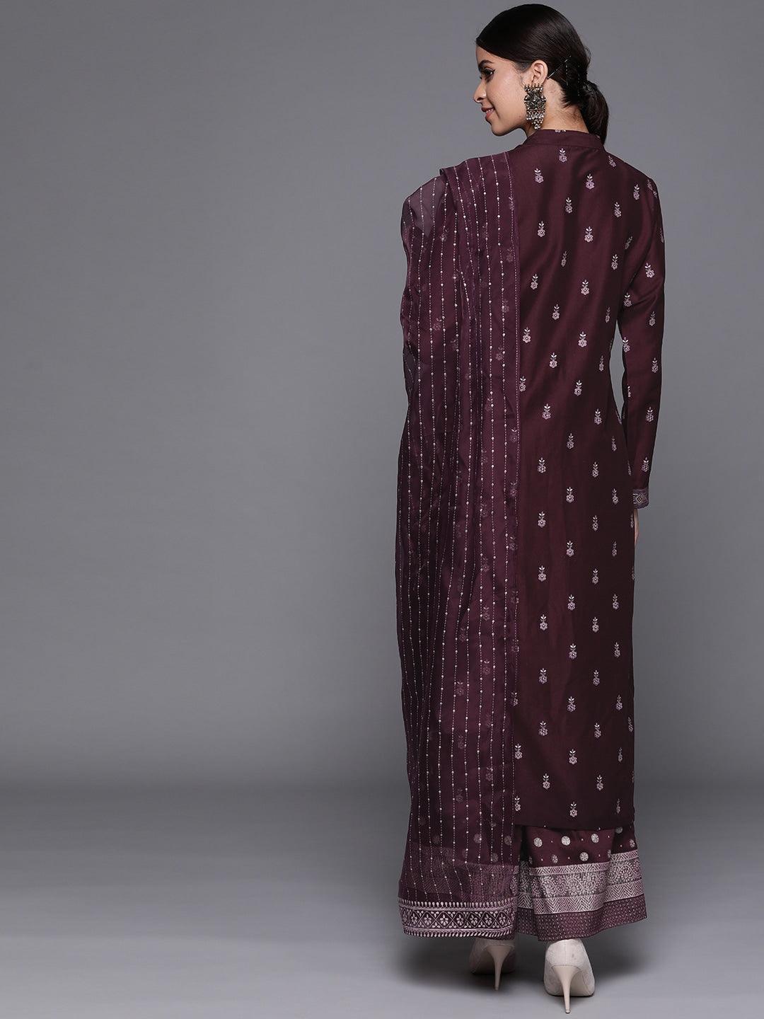Purple Printed Silk Blend Suit Set - ShopLibas