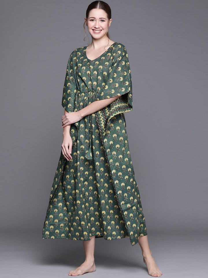 Blue Cotton Printed Kaftan Nightdress - ShopLibas