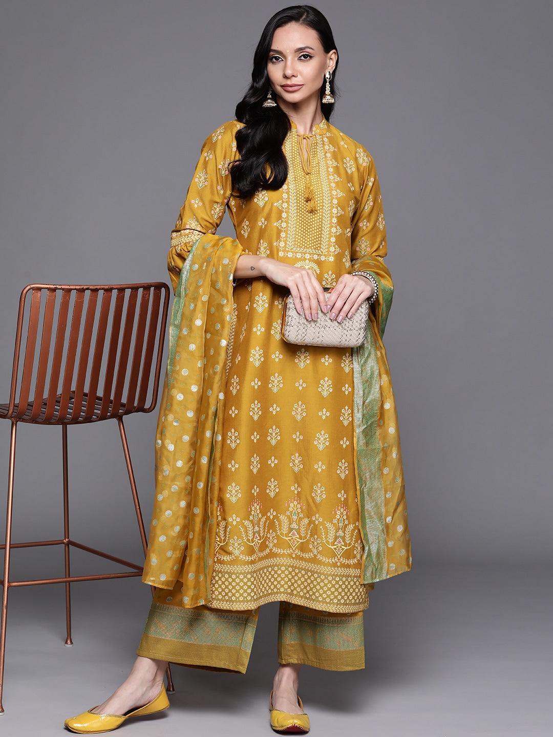 Yellow Printed Silk Blend Suit Set - ShopLibas