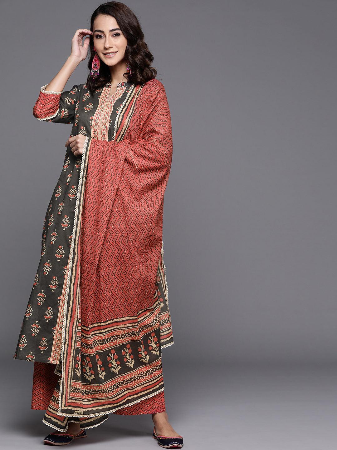 Charcoal Printed Cotton Suit Set - ShopLibas