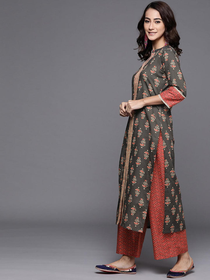 Charcoal Printed Cotton Suit Set - ShopLibas