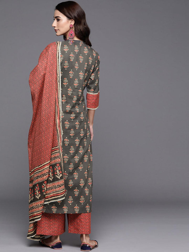Charcoal Printed Cotton Suit Set - ShopLibas