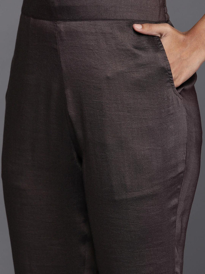 Charcoal Printed Silk Blend Straight Suit Set With Trousers - Libas