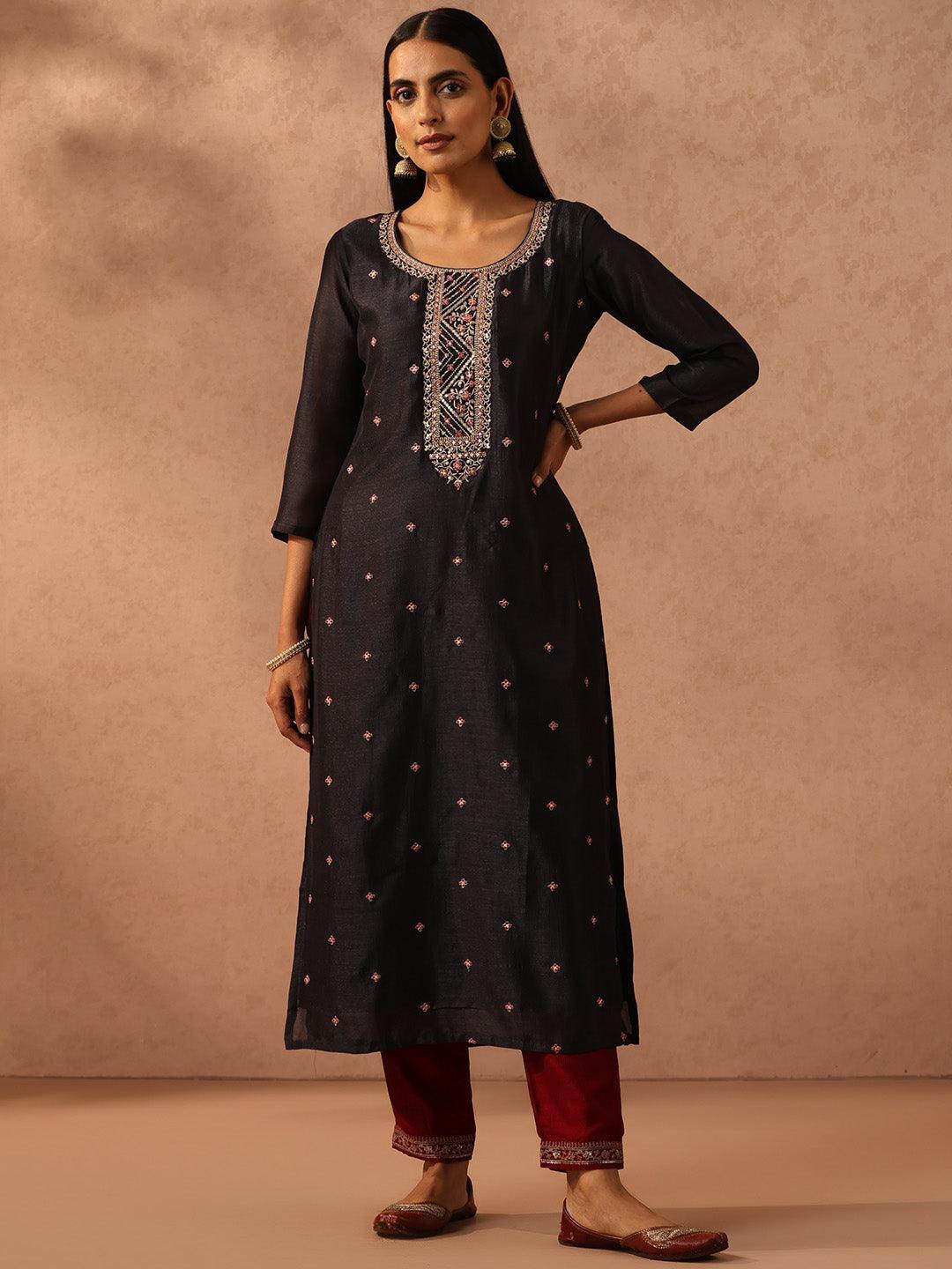 Charcoal Embellished Silk Straight Kurta - ShopLibas