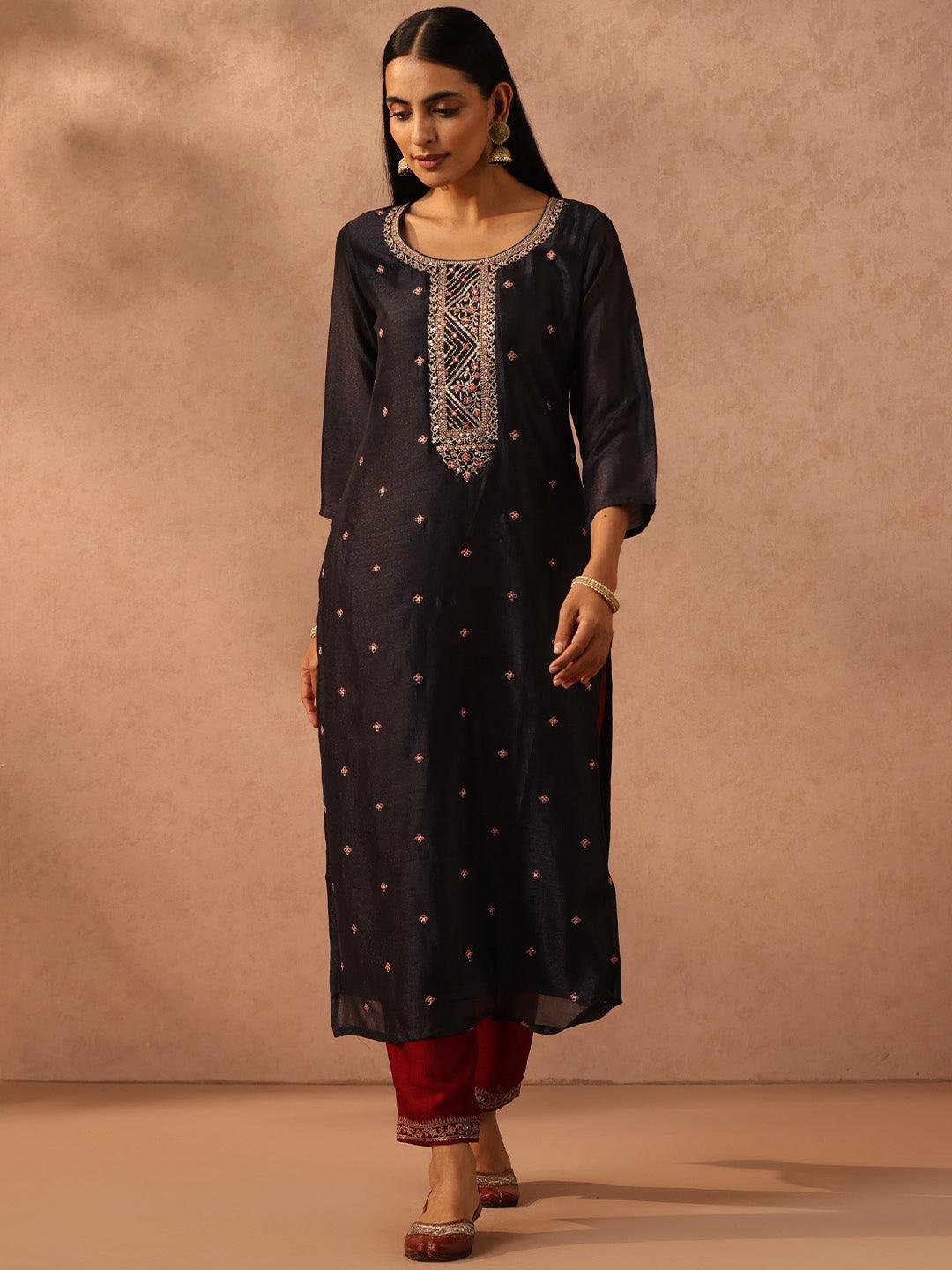 Charcoal Embellished Silk Straight Kurta - ShopLibas 