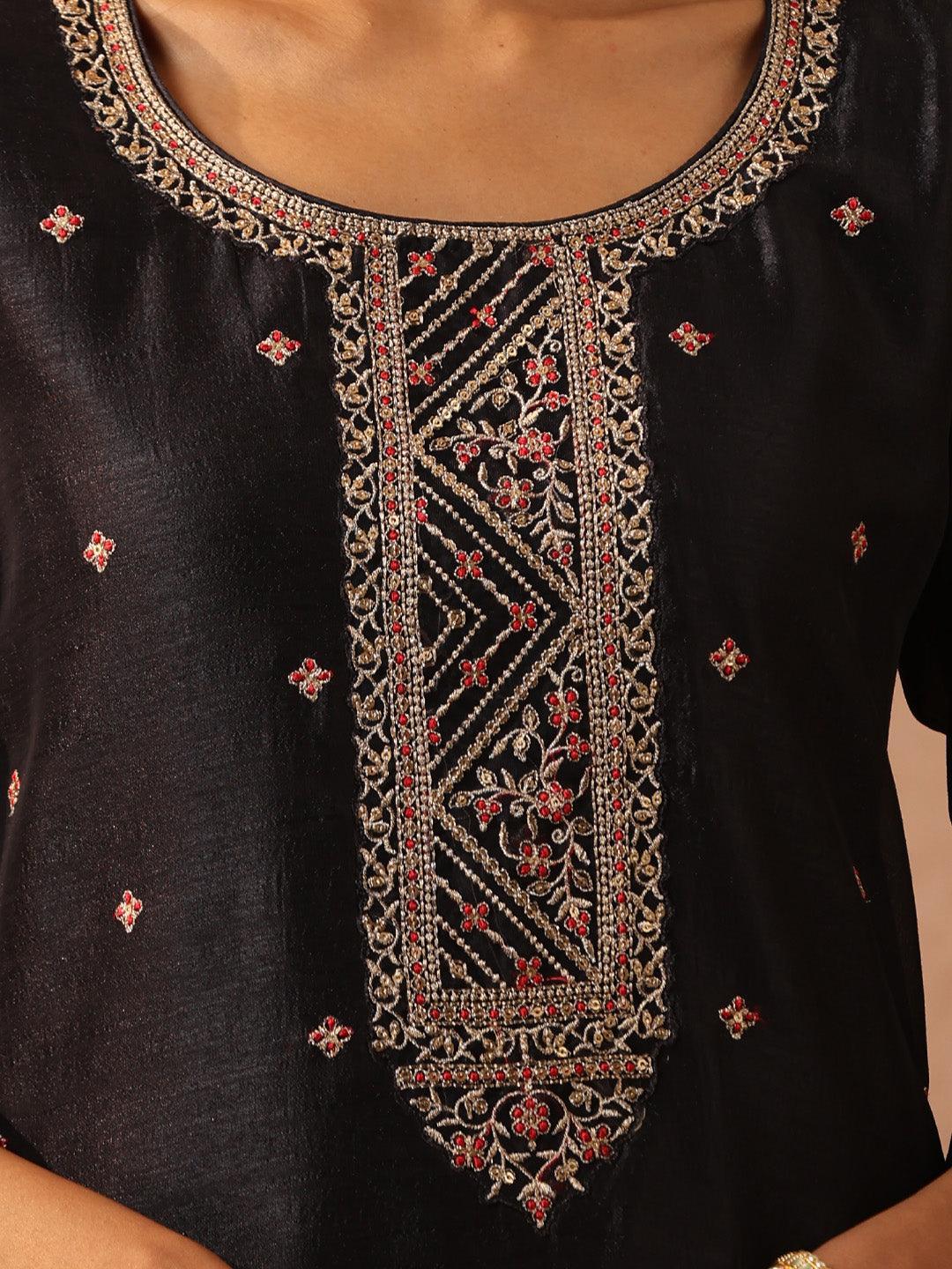 Charcoal Embellished Silk Straight Kurta - ShopLibas