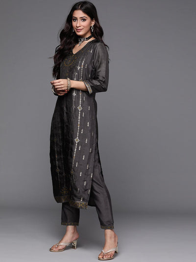 Charcoal Self Design Silk Suit Set - ShopLibas