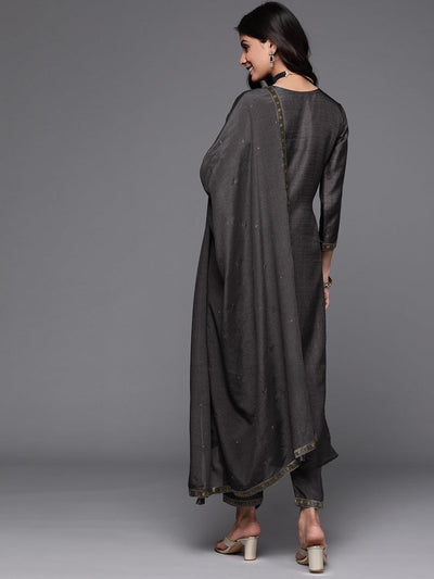 Charcoal Self Design Silk Suit Set - ShopLibas