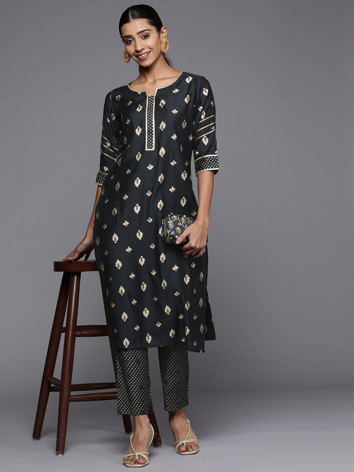 Charcoal Self Design Silk Trousers - ShopLibas