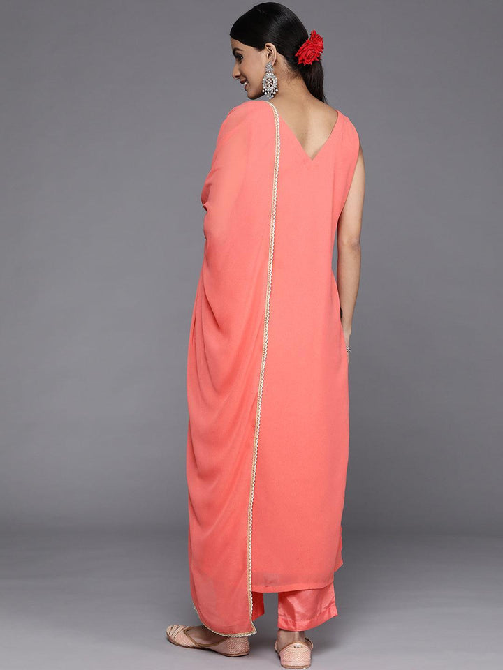 Coral Embroidered Georgette Straight Suit Set With Trousers - Libas