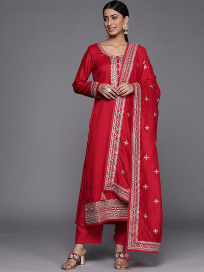 Coral Embroidered Silk Blend Straight Suit Set - ShopLibas