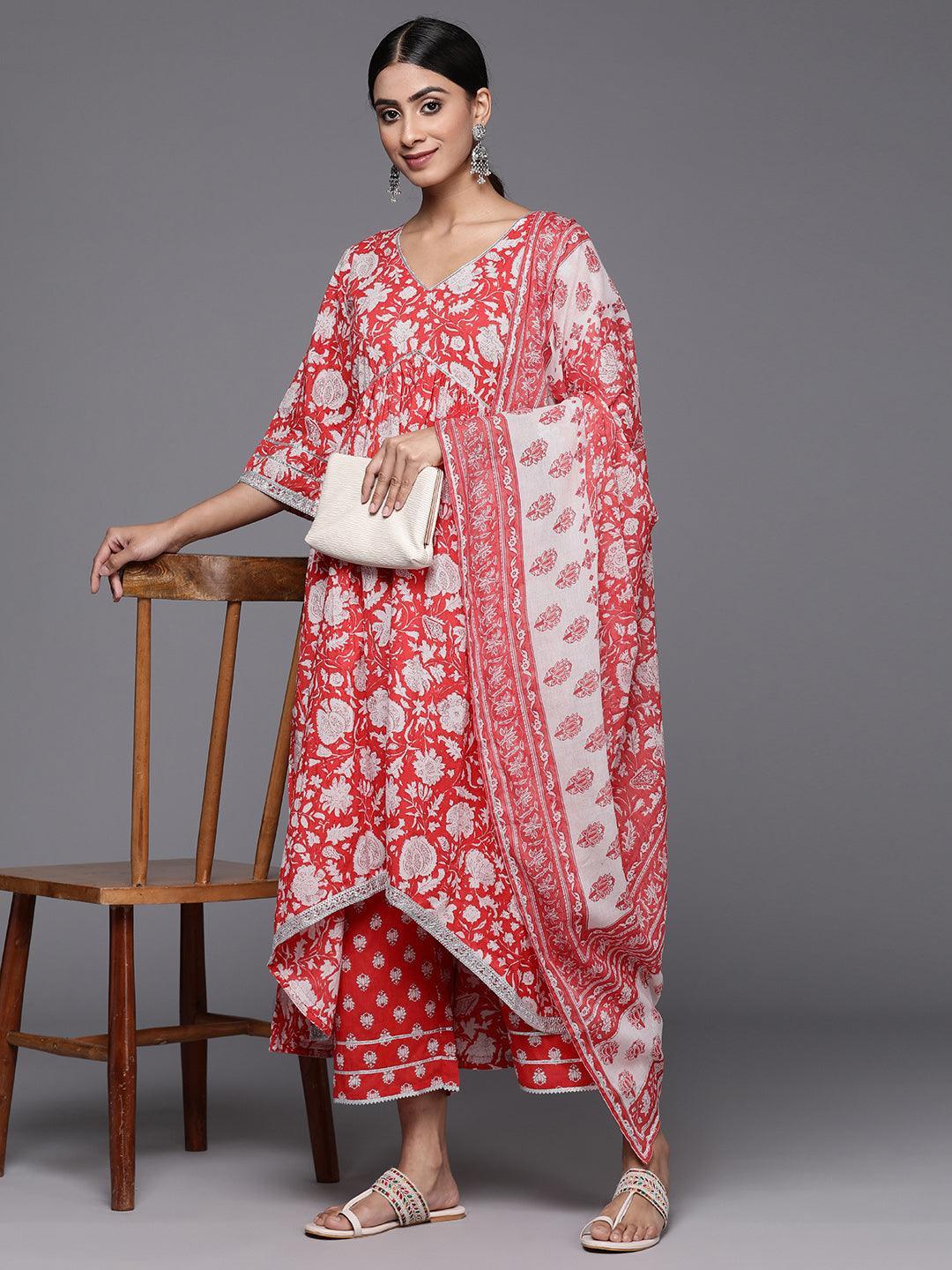 Coral Printed Cotton A-Line Kurta With Palazzos & Dupatta - Libas 