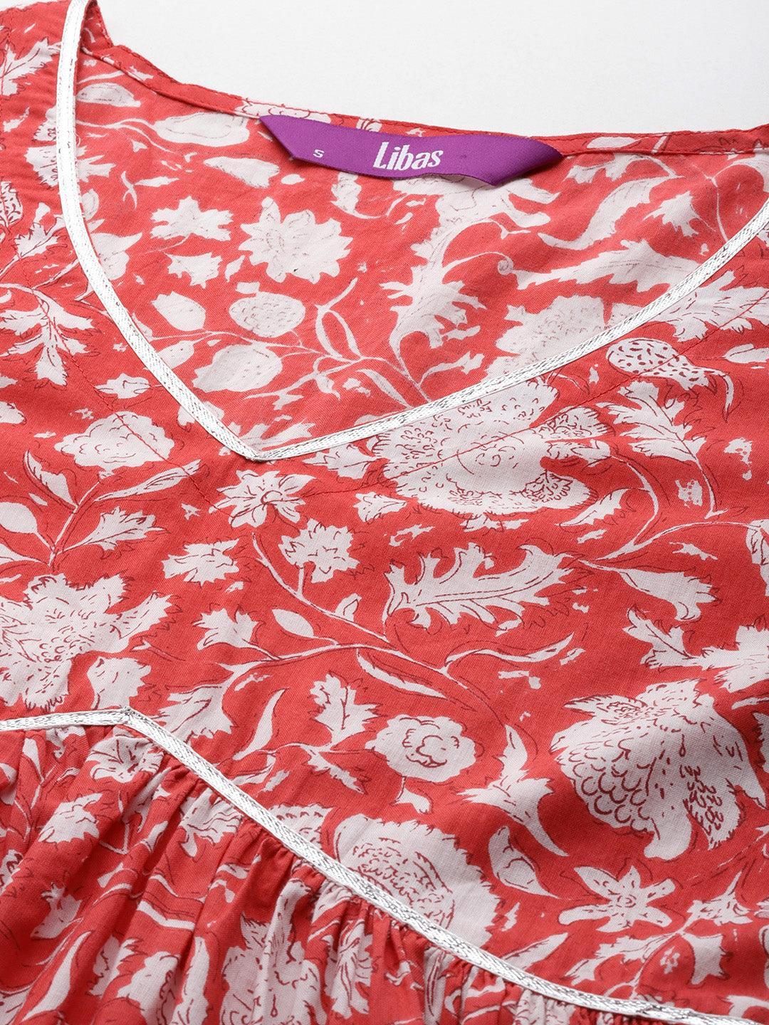 Coral Printed Cotton A-Line Kurta With Palazzos & Dupatta - Libas 