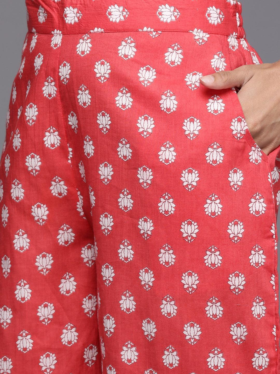 Coral Printed Cotton A-Line Kurta With Palazzos & Dupatta - Libas 