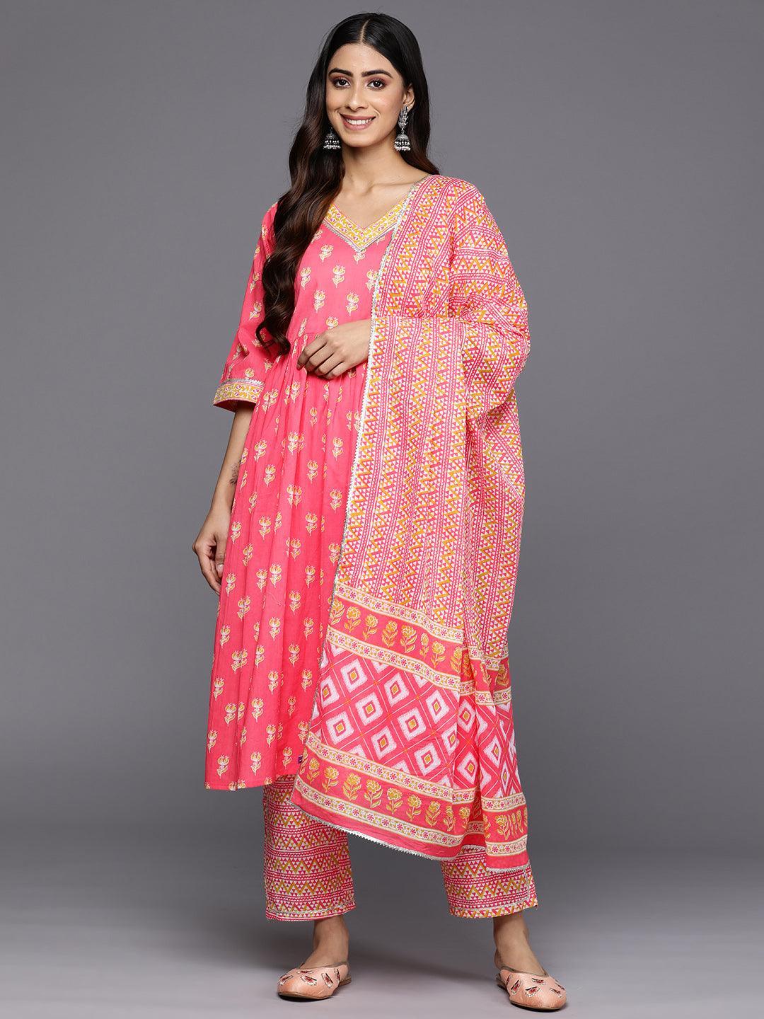 Coral Printed Cotton A-Line Suit Set With Trousers - ShopLibas