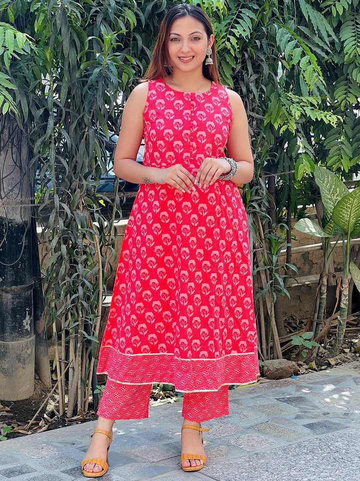 Coral Printed Cotton A-Line Kurta Set With Trousers