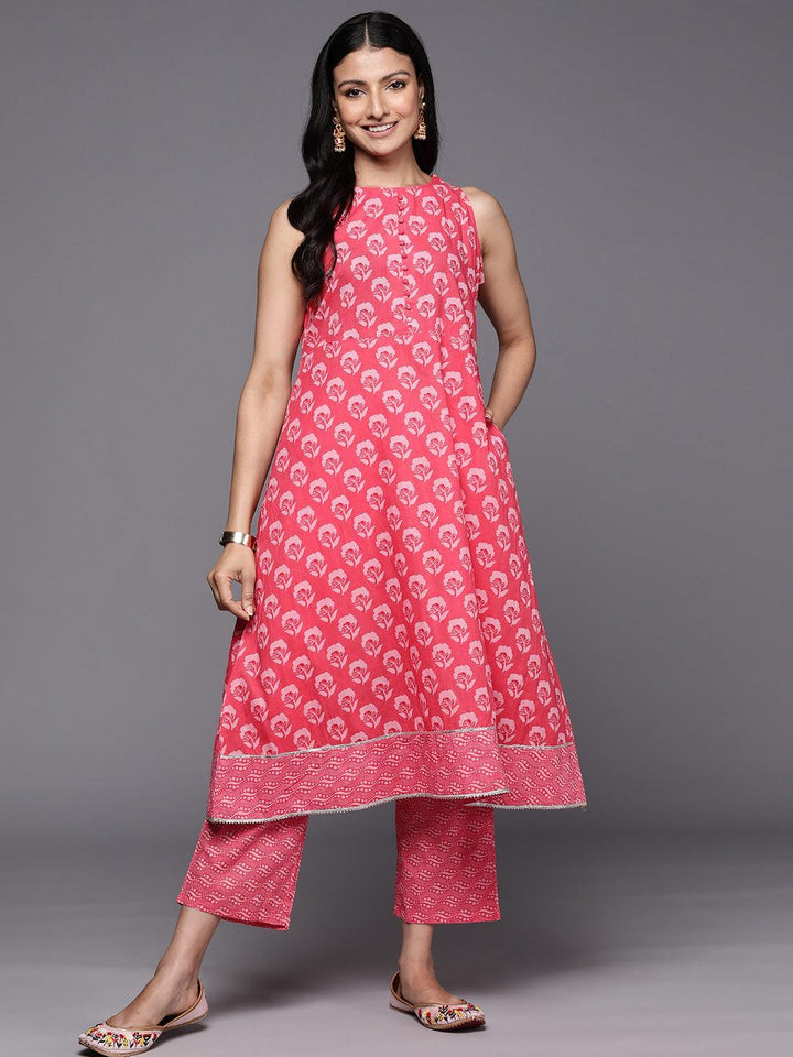 Coral Printed Cotton A-Line Kurta Set With Trousers