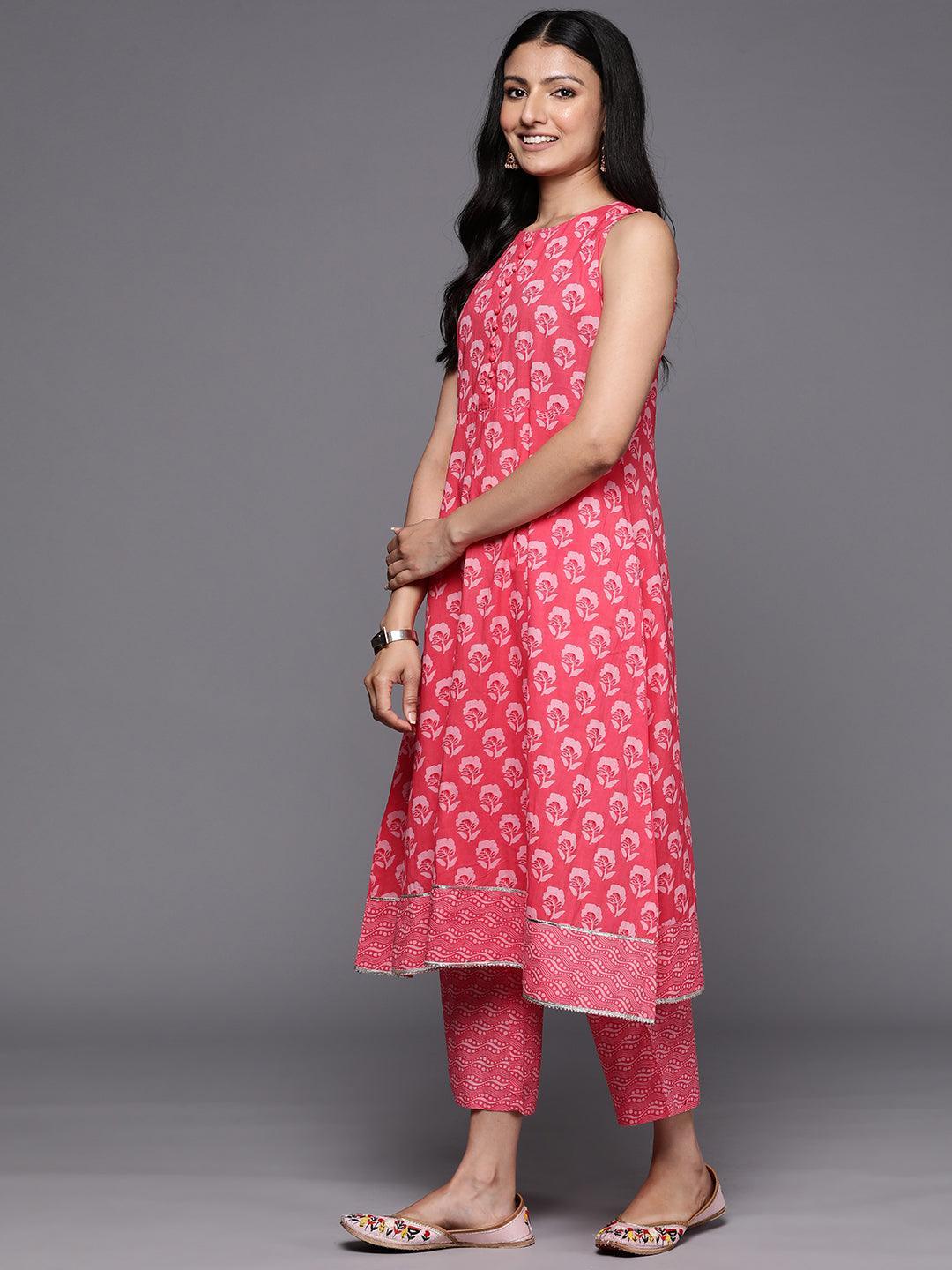 Coral Printed Cotton A-Line Kurta Set With Trousers - ShopLibas 