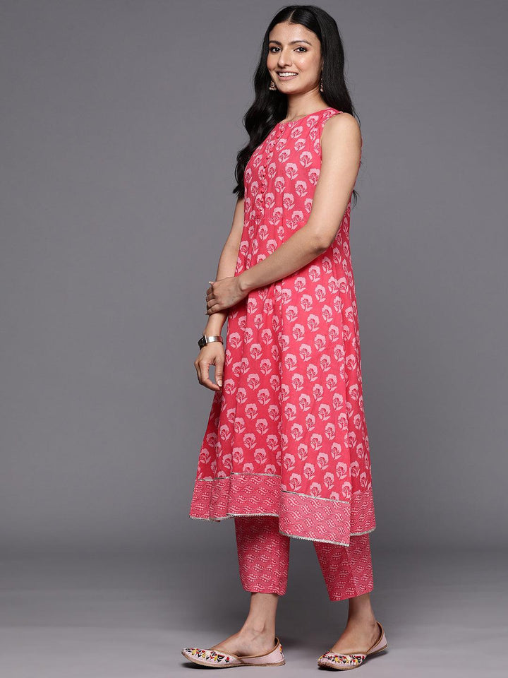 Coral Printed Cotton A-Line Kurta Set With Trousers