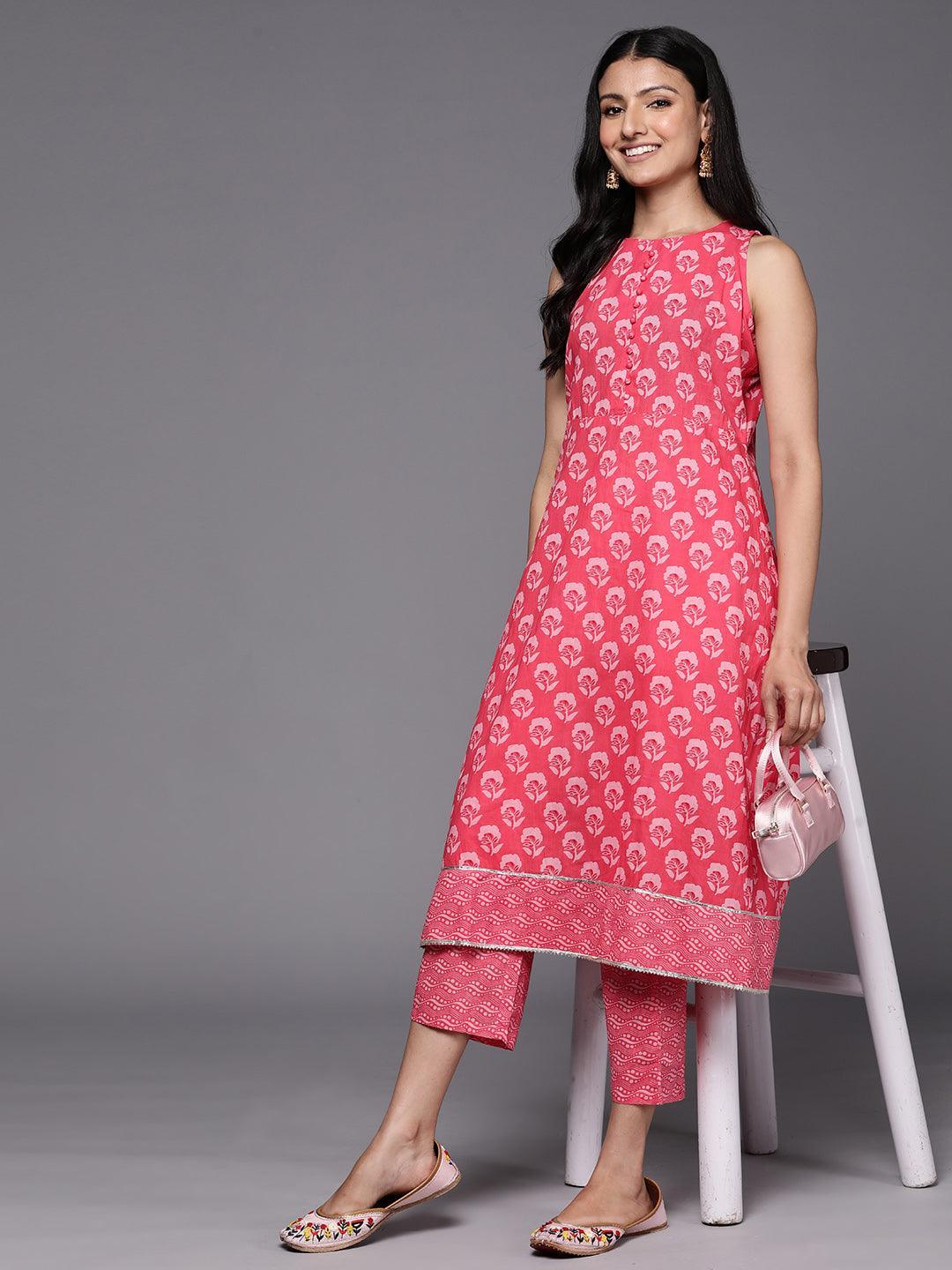 Coral Printed Cotton A-Line Kurta Set With Trousers - ShopLibas 