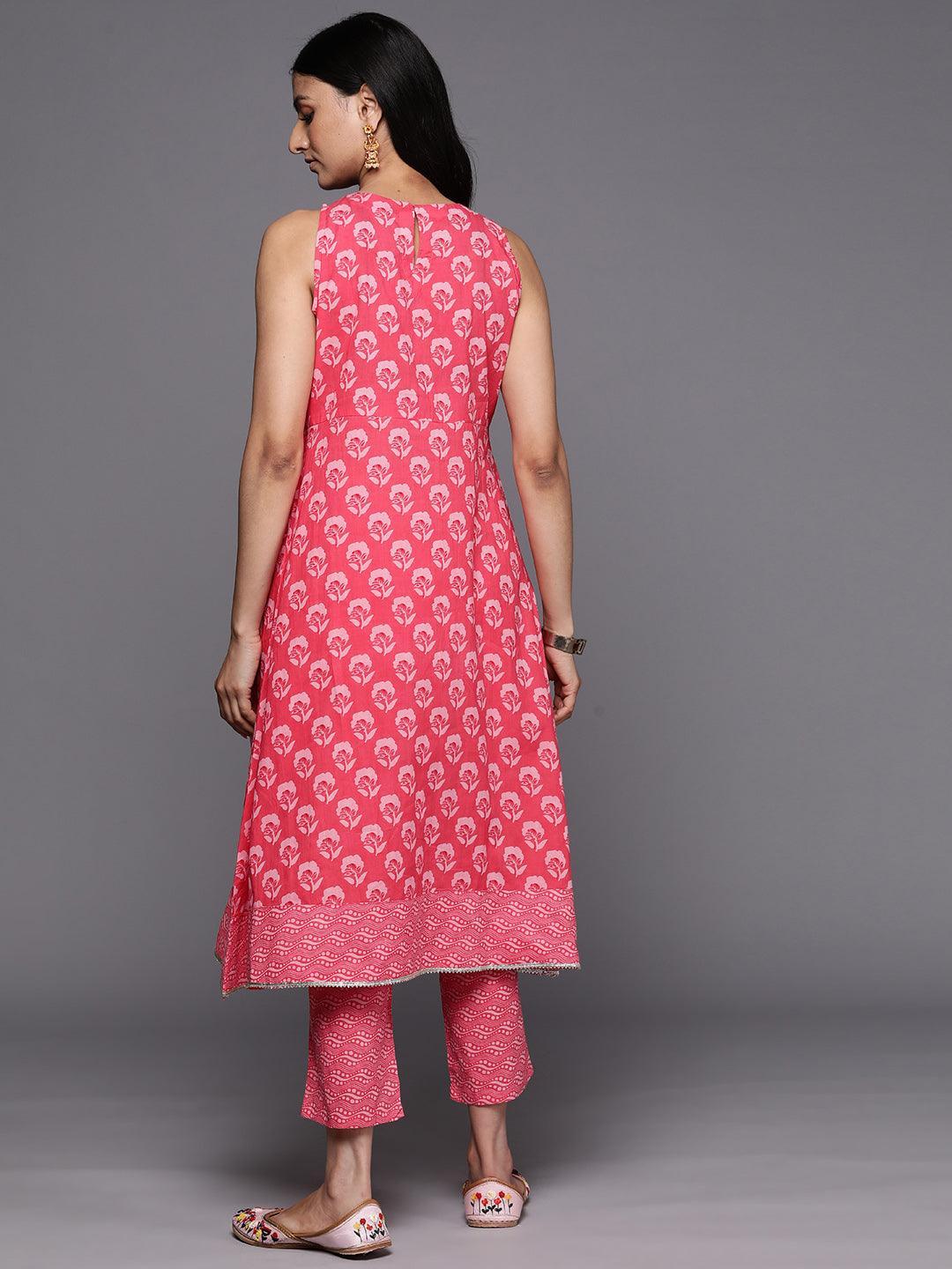 Coral Printed Cotton A-Line Kurta Set With Trousers - ShopLibas 