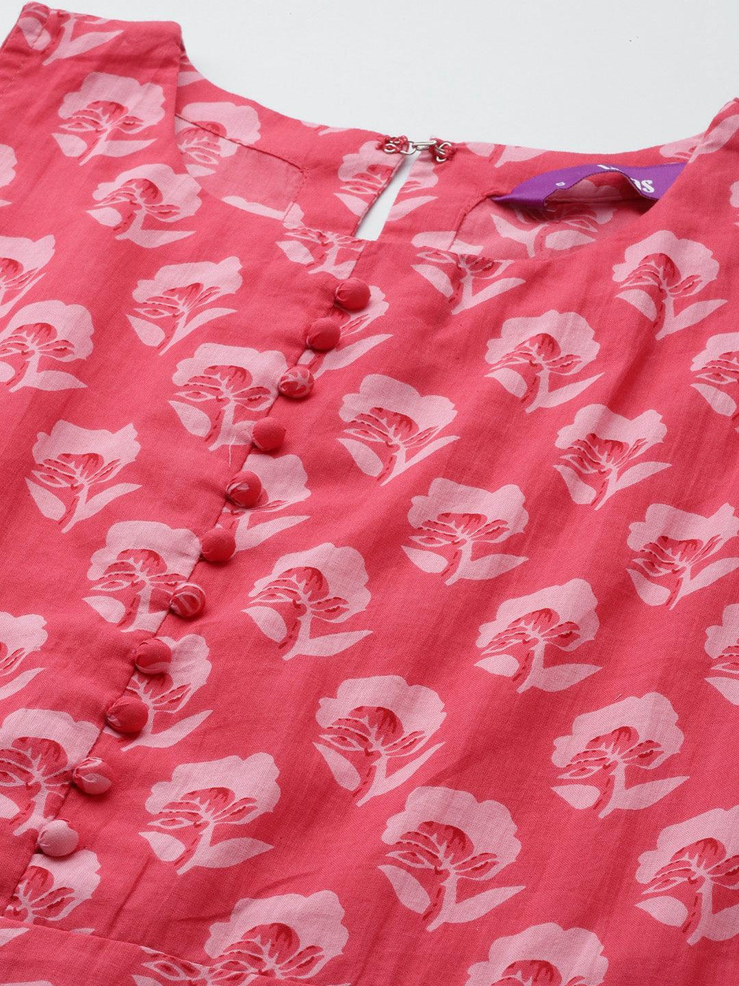 Coral Printed Cotton A-Line Kurta Set With Trousers - ShopLibas 