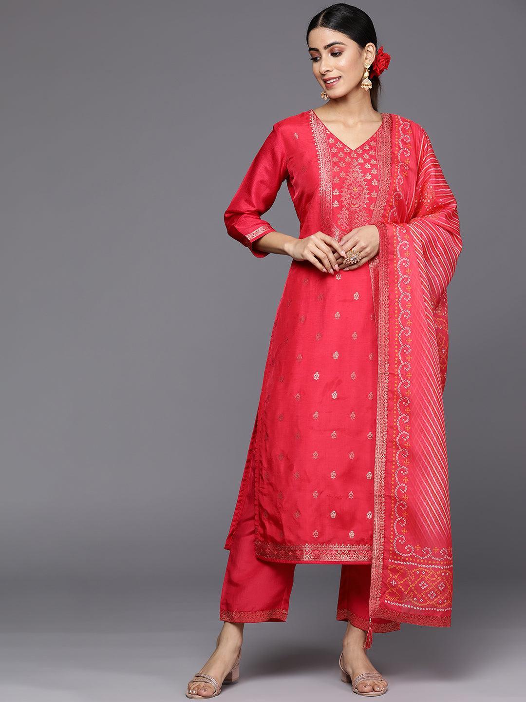Coral Self Design Silk Blend Straight Suit Set With Trousers - ShopLibas