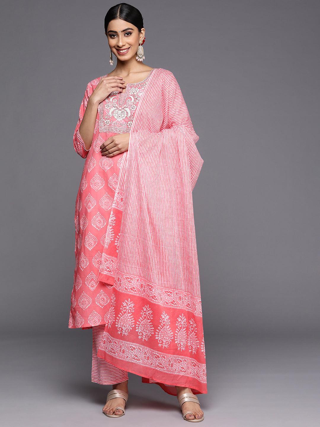 Coral Yoke Design Cotton Straight Suit Set With Trousers - ShopLibas