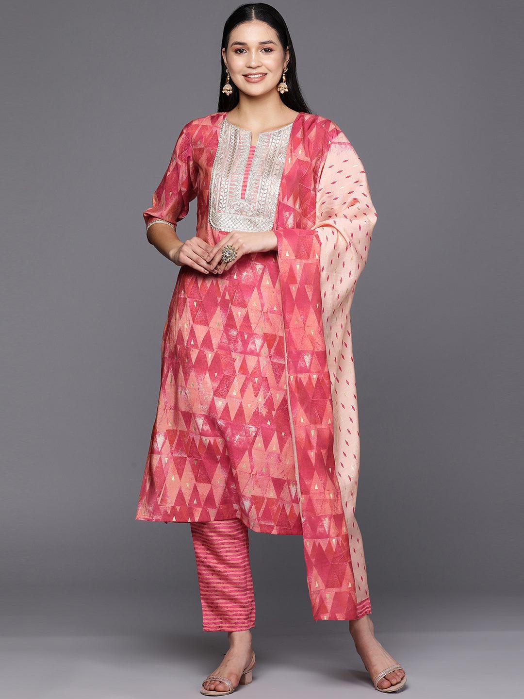 Coral Yoke Design Silk Blend Straight Suit Set With Trousers - ShopLibas