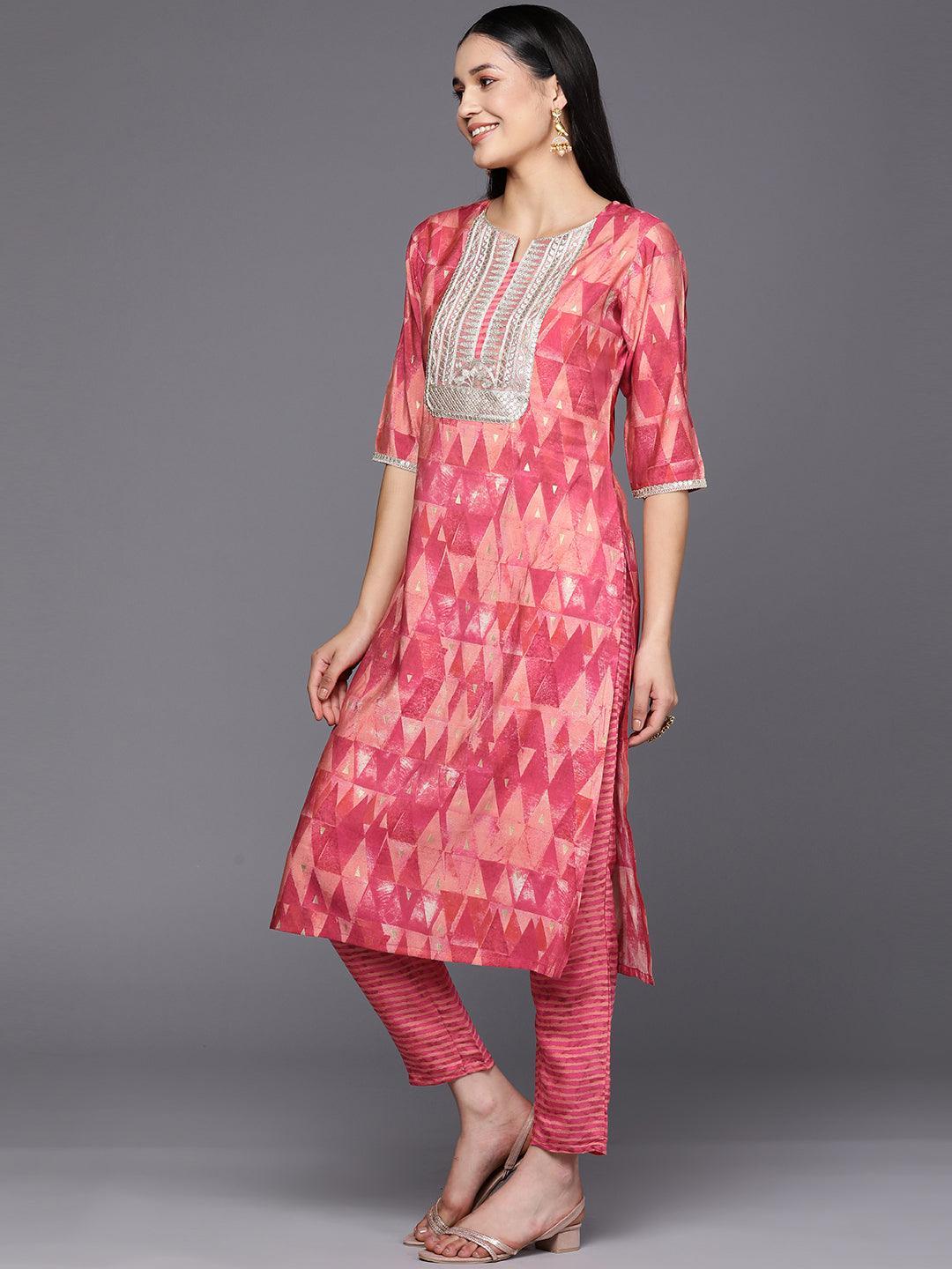 Coral Yoke Design Silk Blend Straight Suit Set With Trousers - ShopLibas 