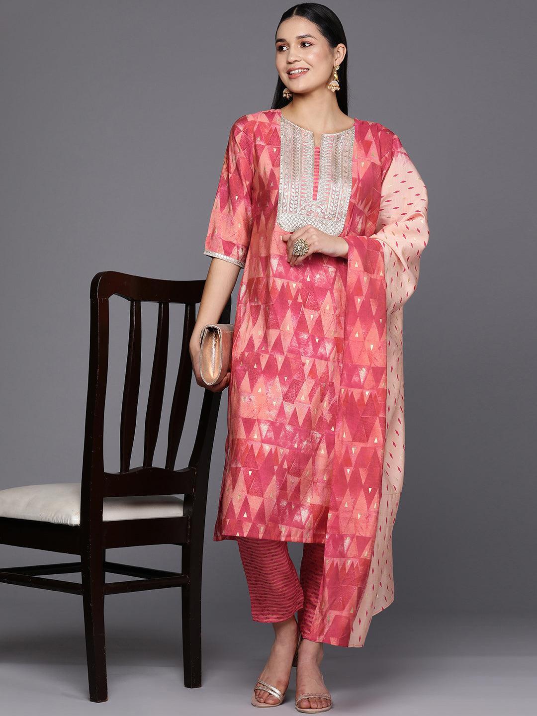 Coral Yoke Design Silk Blend Straight Suit Set With Trousers - ShopLibas 