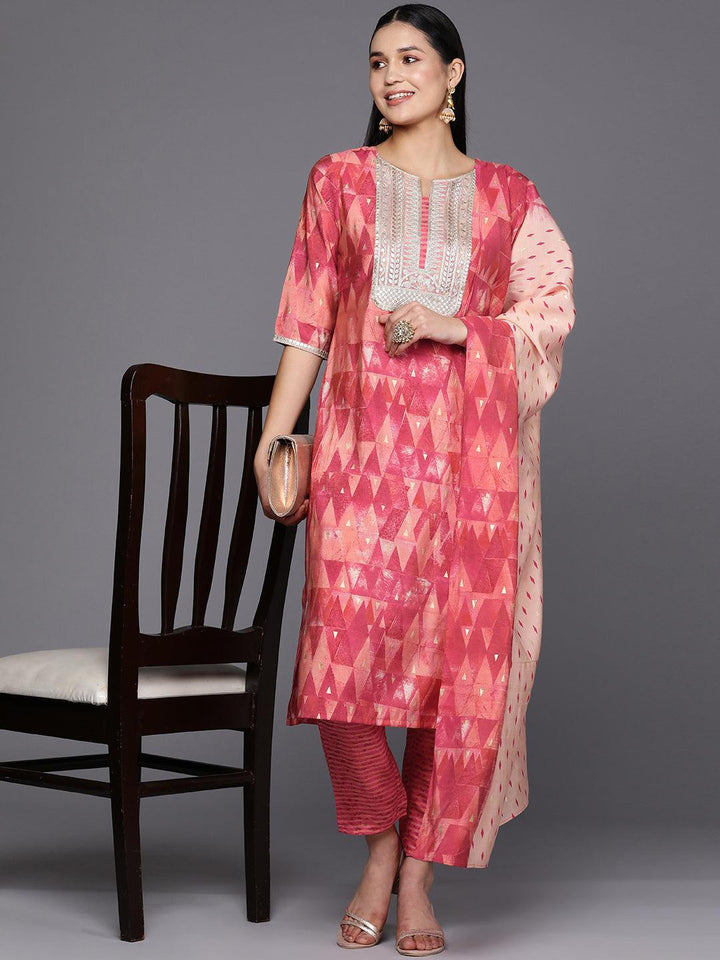 Coral Yoke Design Silk Blend Straight Suit Set With Trousers
