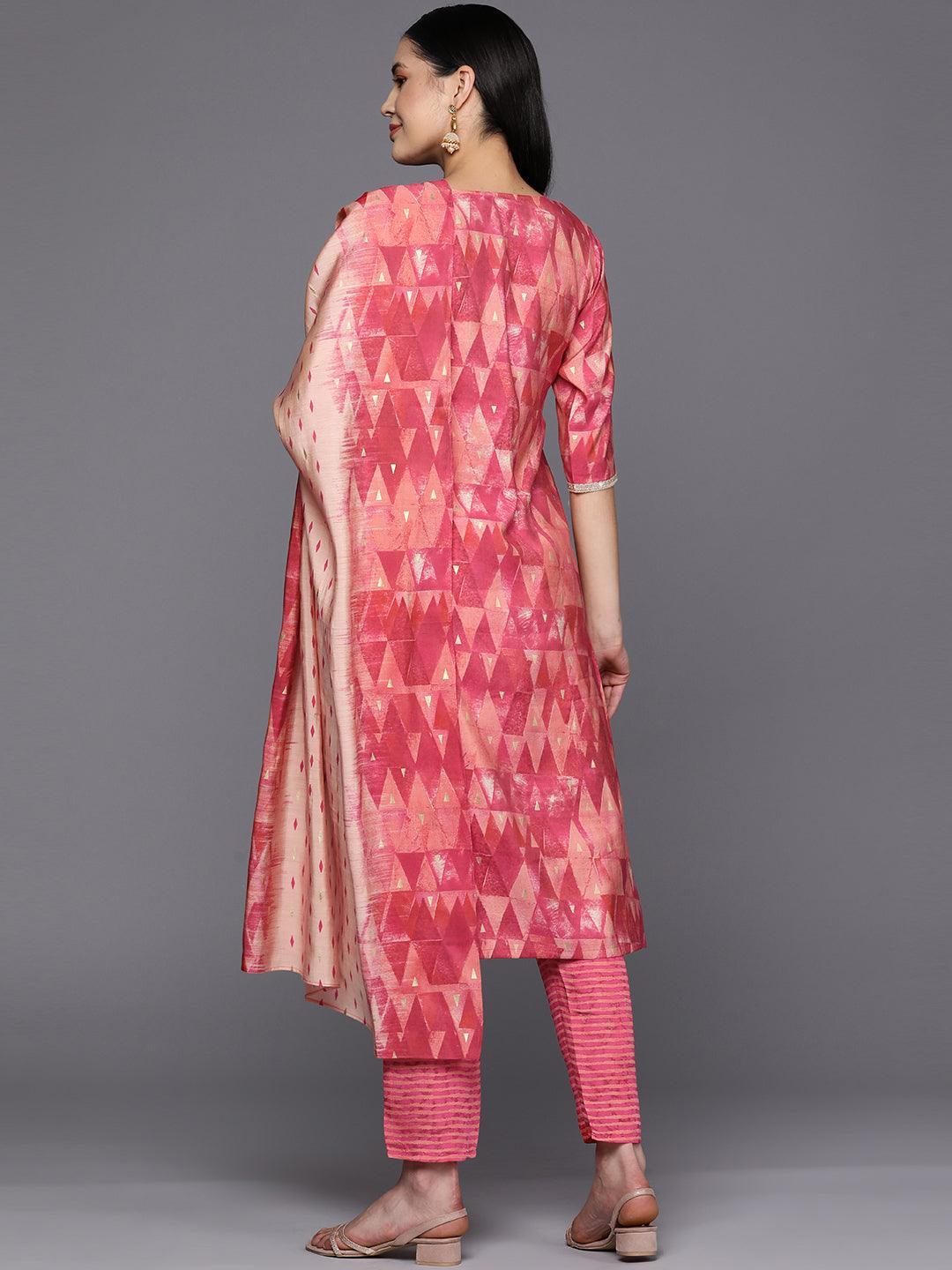 Coral Yoke Design Silk Blend Straight Suit Set With Trousers - ShopLibas 