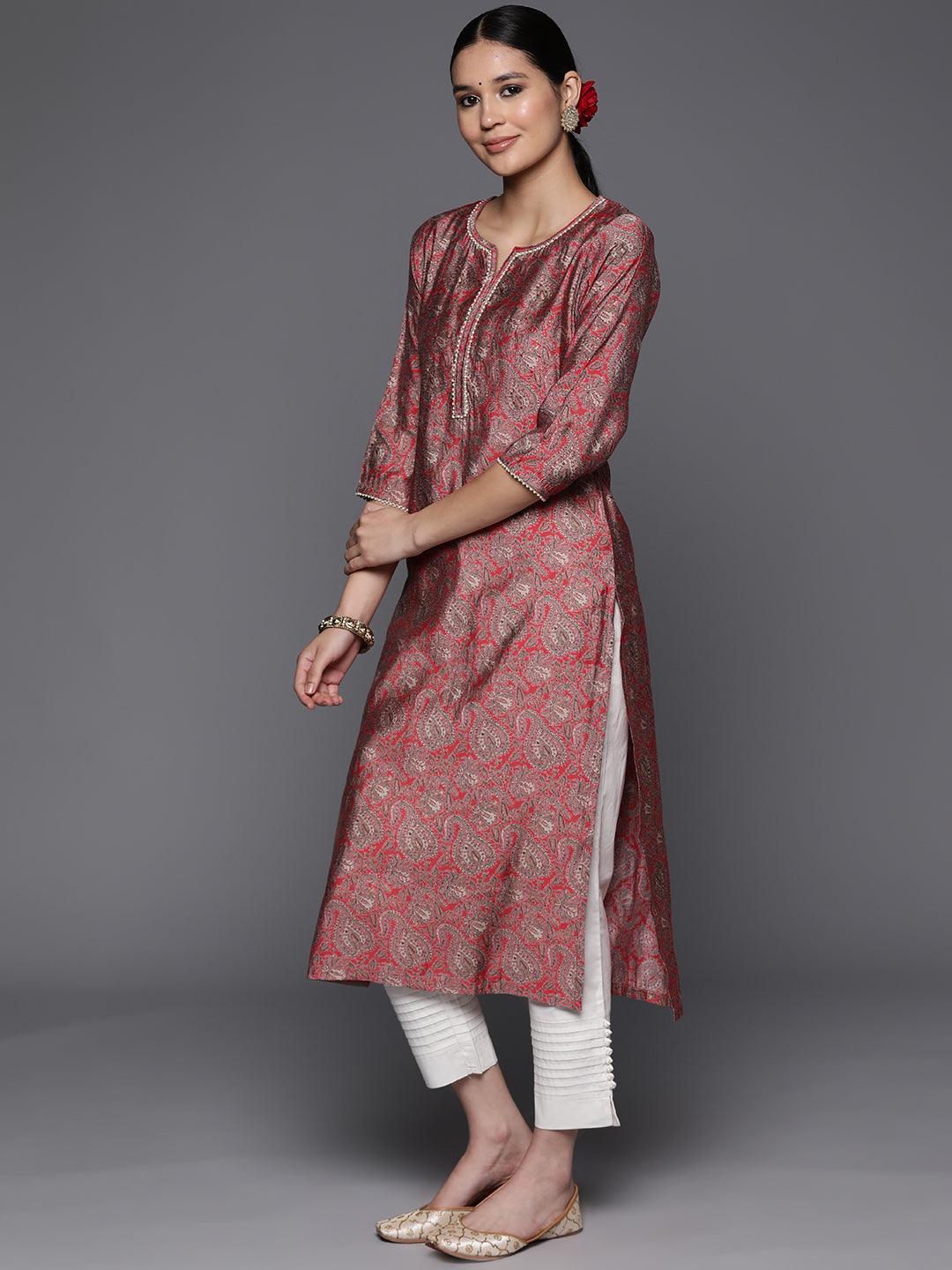 Coral Yoke Design Silk Straight Kurta - Libas 