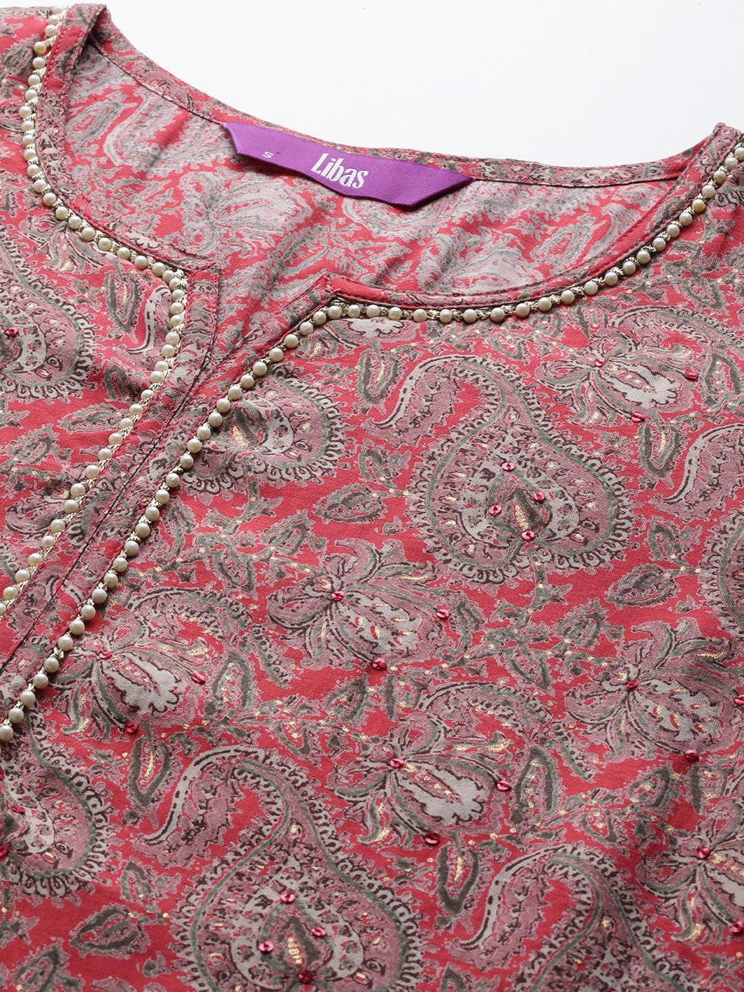 Coral Yoke Design Silk Straight Kurta - Libas 