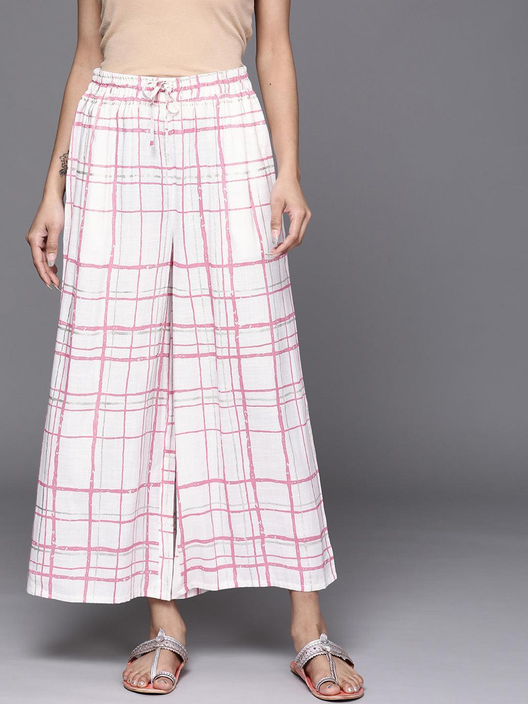 Cream Checkered Cotton Palazzos - ShopLibas