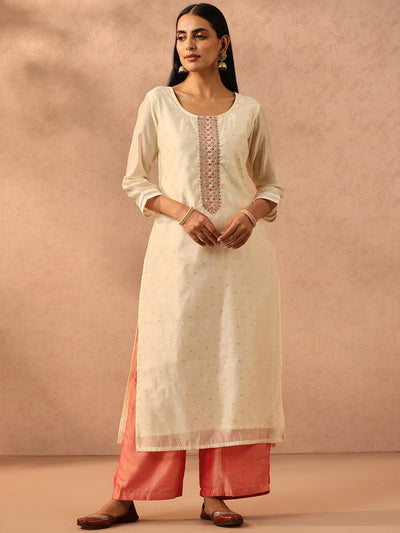 Cream Embellished Chanderi Silk Straight Kurta - ShopLibas