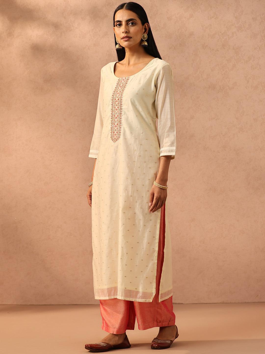 Cream Embellished Chanderi Silk Straight Kurta - ShopLibas 