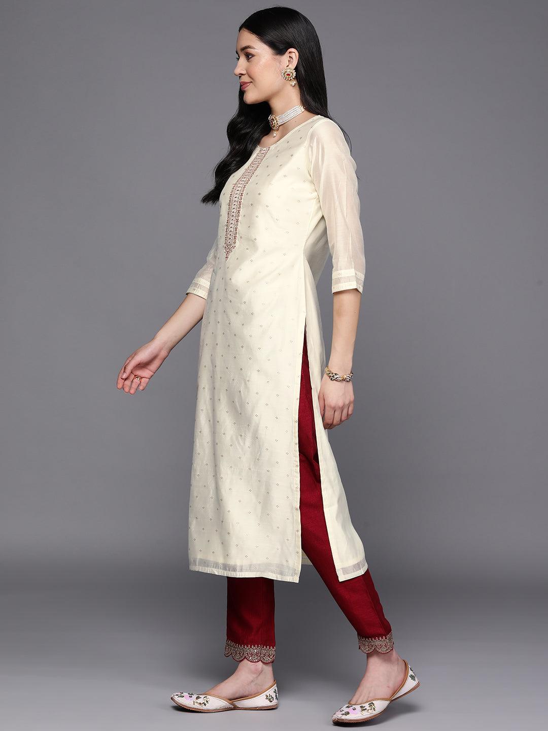 Cream Embroidered Chanderi Silk Straight Kurta - ShopLibas 